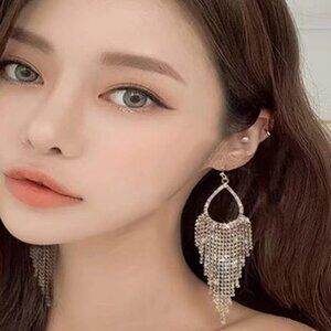 ✨ Gold-Toned Cubic Zirconia Dangle Earrings | Elegant Long Statement Style ✨